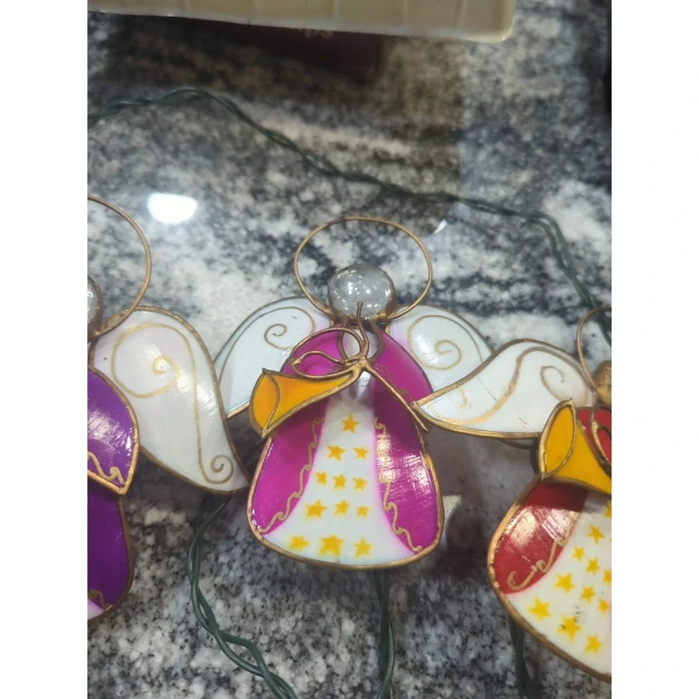 Vintage Multicolor Capiz & Wire Angel Playing Trumpets String Lights 5 Angels